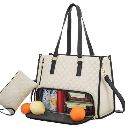 Sac cabas isotherme 2 en 1 beige à anses noires, compartiment repas zippé, pochette