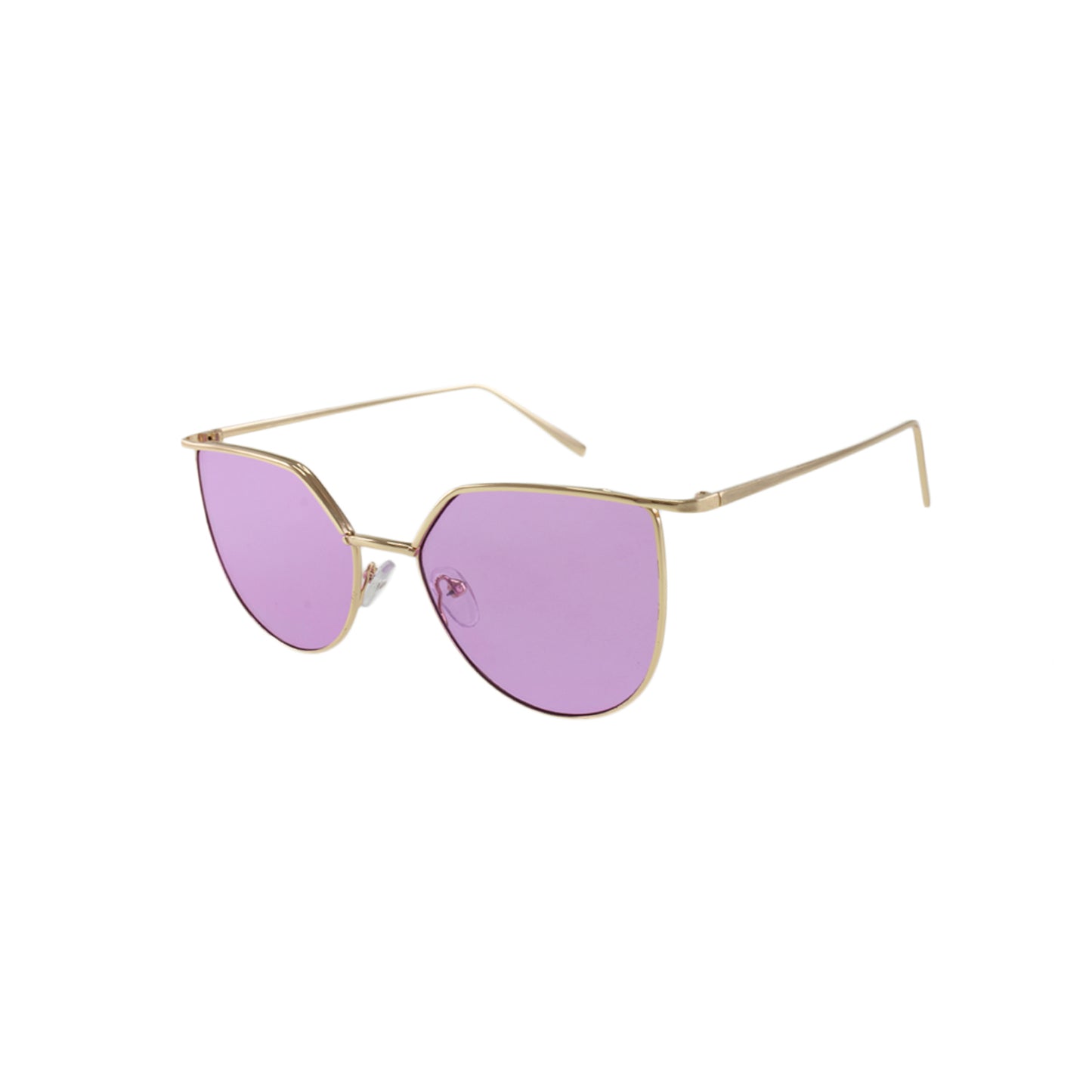 Lunettes de soleil à verres violets et monture dorée, forme œil-de-chat.