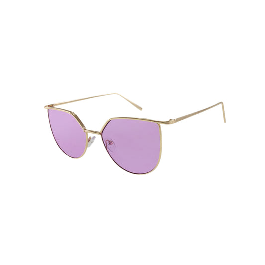 Lunettes de soleil à verres violets et monture dorée, forme œil-de-chat.