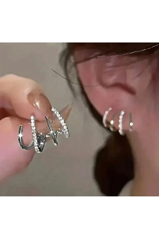 Boucles d’oreilles zircon argenté, créoles fines empilées serties de pierres brillantes