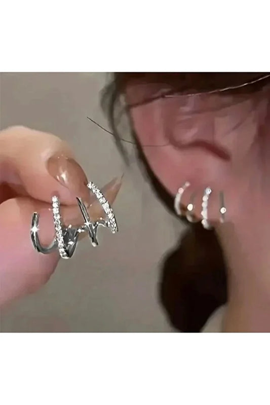 Boucles d’oreilles zircon argenté, créoles fines empilées serties de pierres brillantes