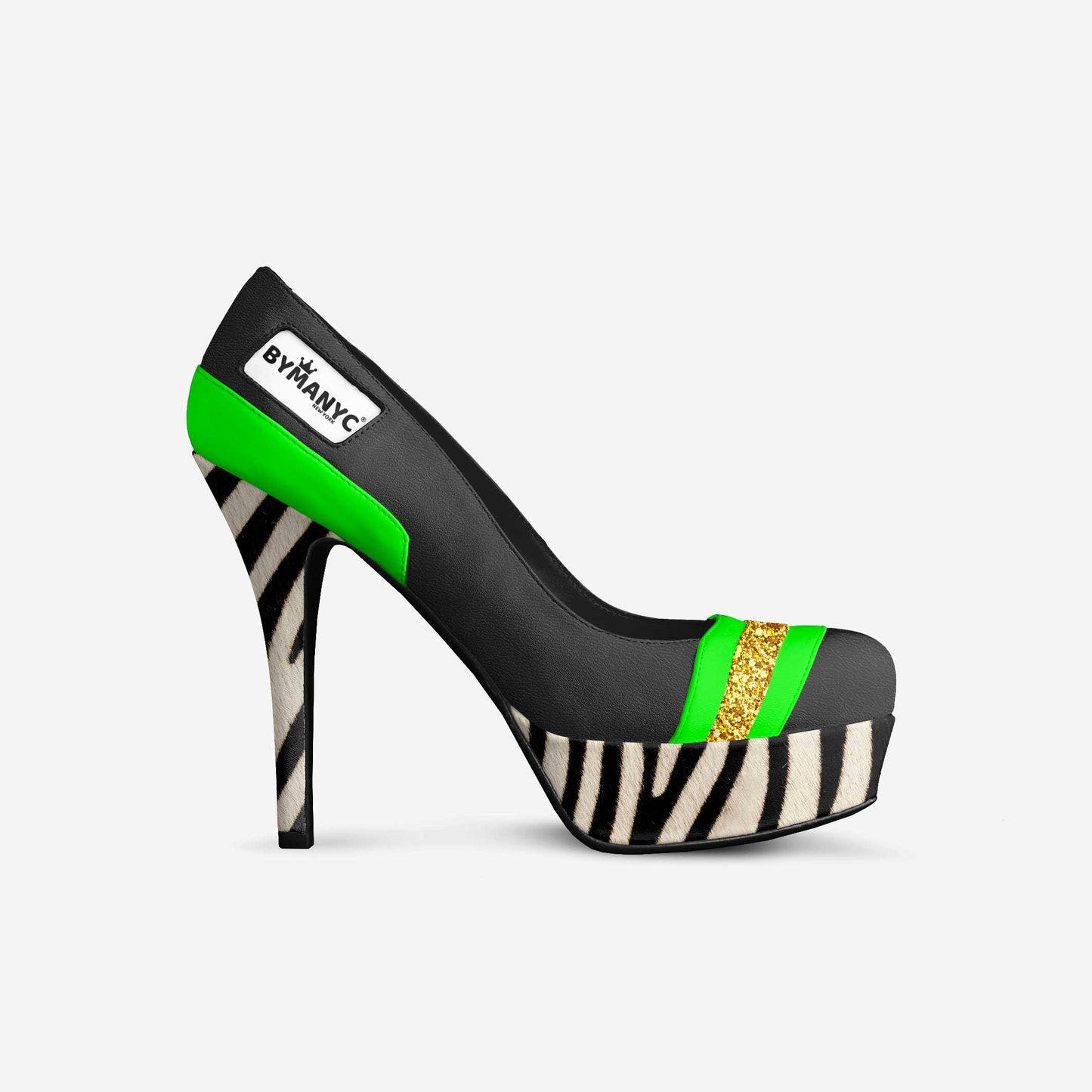 Chaussure à talon noire: lanière verte, paillette dorée, semelle zébrée.