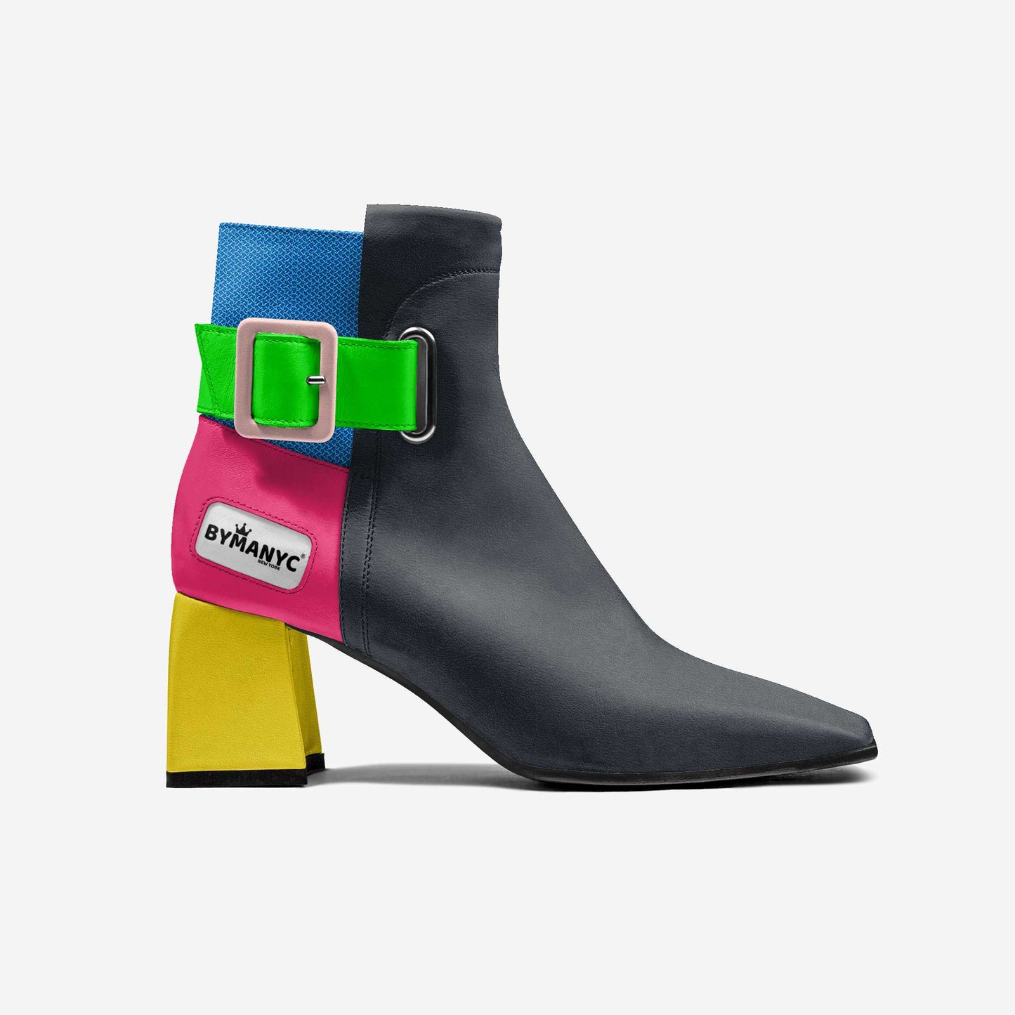 Bottines femme BYMANYC noires à talon bloc, empiècements bleu, rose et vert
