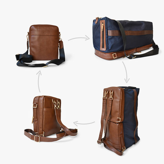 Mini sac convertible marron avec sangle noire, fermetures éclair et détails métalliques.