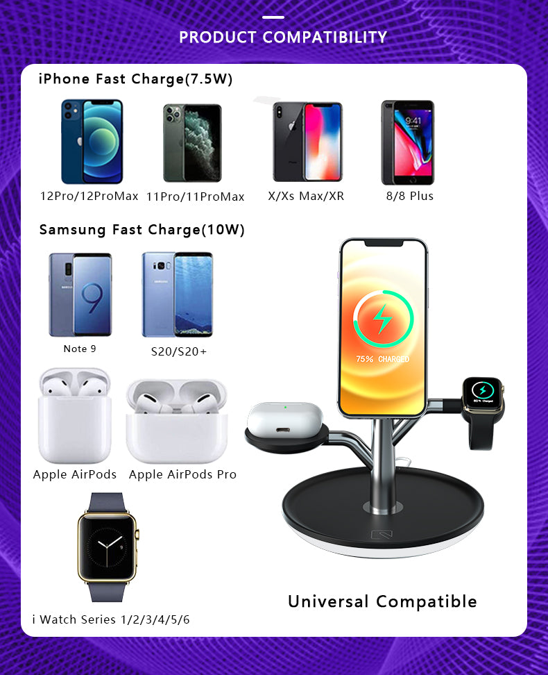 Support de charge Qi universel avec smartphone sur socle et montre sur support