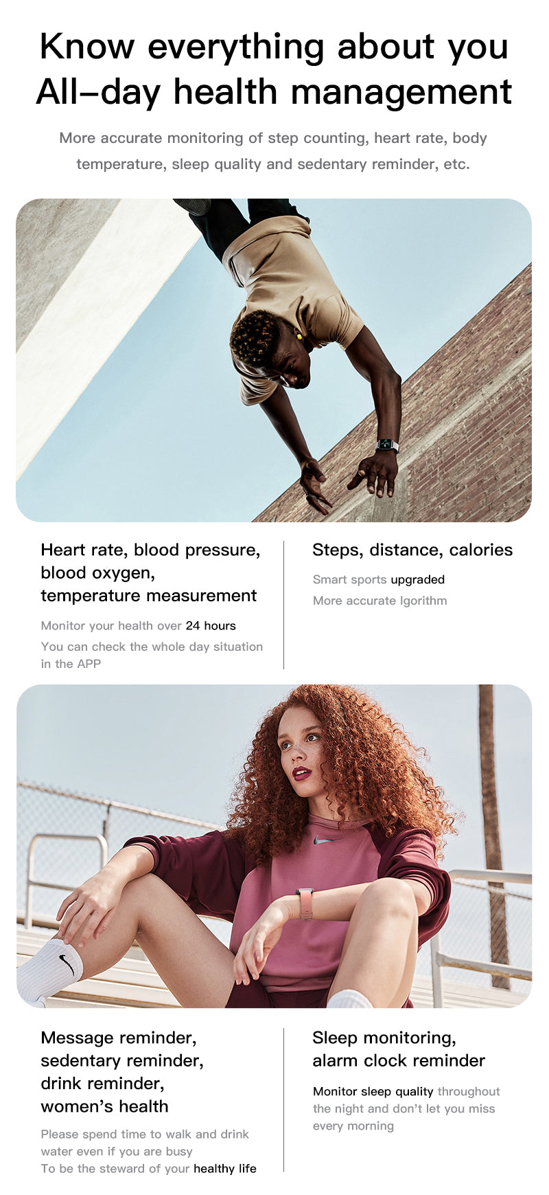 Montre connectée avec écran allumé, bracelet noir fin, suivi santé affiché