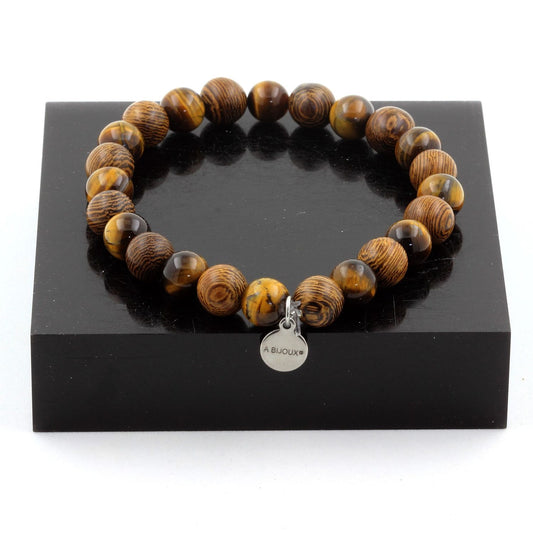 Bracelet perles œil de tigre et bois, billes 8 mm, fermoir avec breloque A BIJOUX