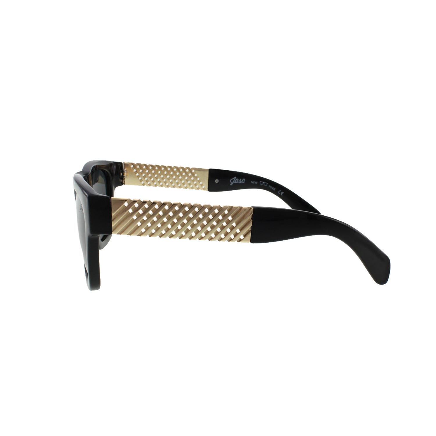 Lunettes de soleil noires, branche au motif doré tressé, verres gris foncé