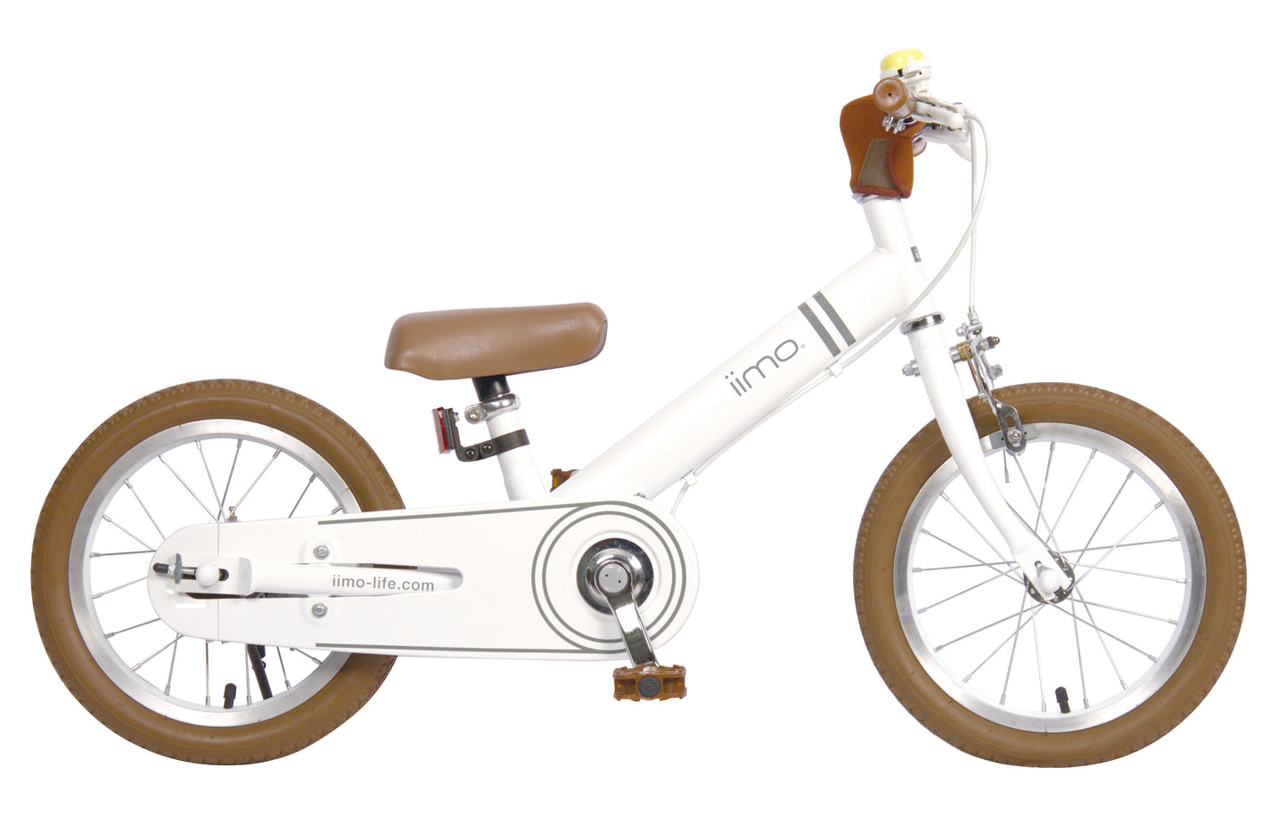 Vélo d’équilibre 2-en-1 iimo 14" blanc vue de côté, selle brune, roues marron