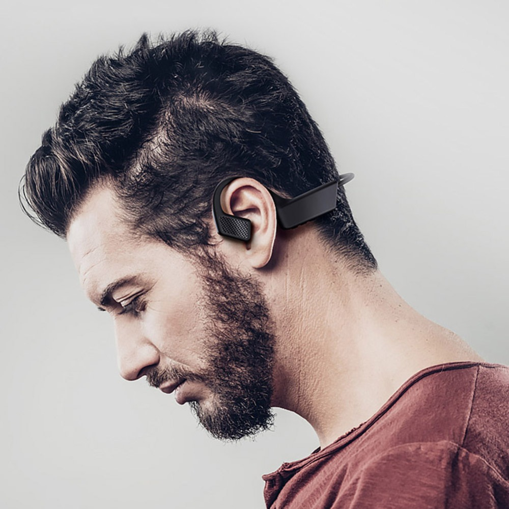 Casque à conduction osseuse Bluetooth noir, haut-parleurs et évents détaillés