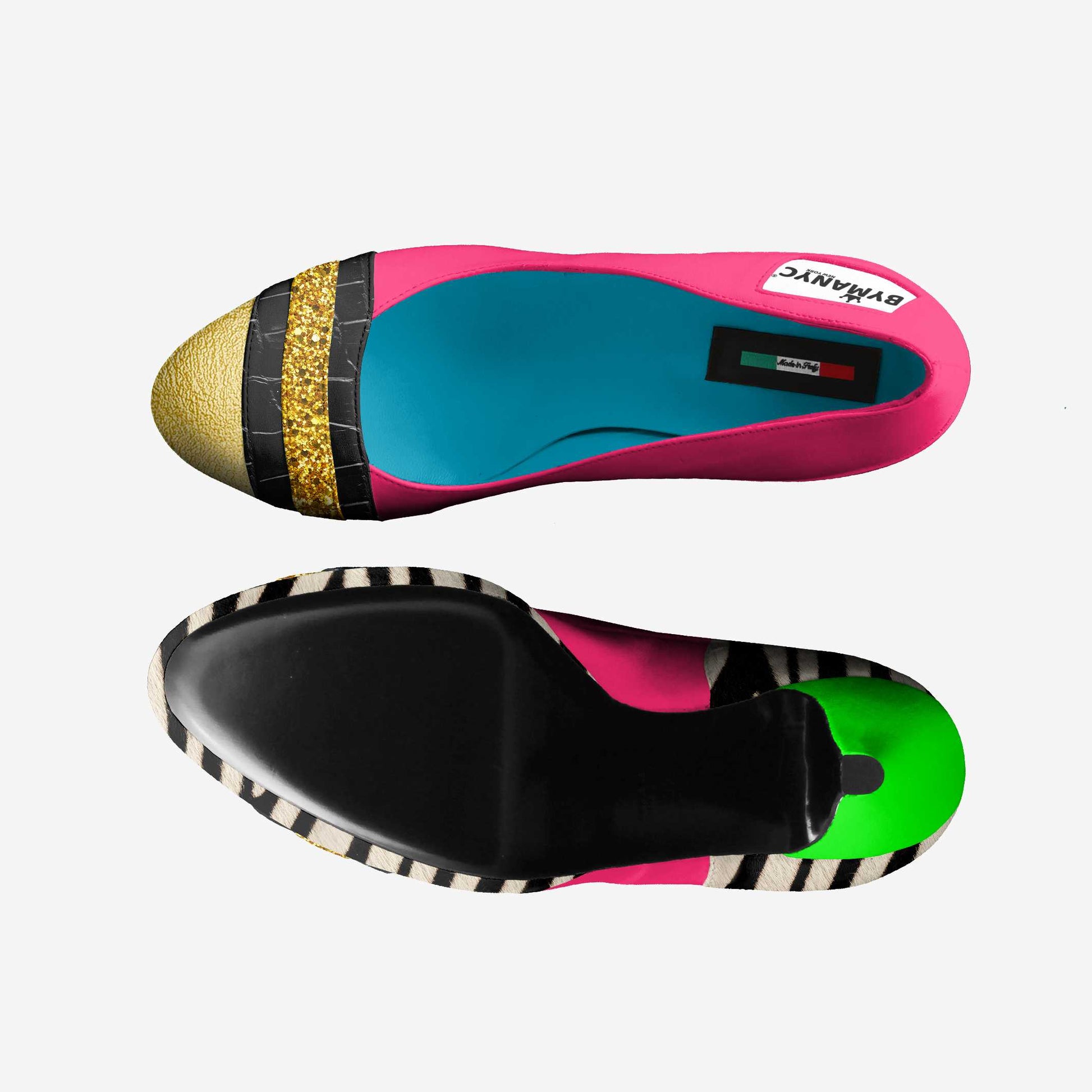 Chaussure BYMANYC vue semelle : contour motif zèbre, intérieur vert, dessous rose et noir