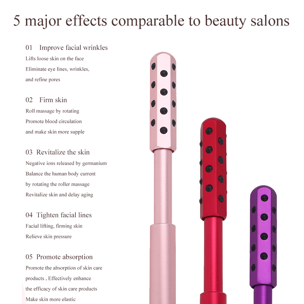 Rouleaux de massage facial rose, rouge et violet à picots noirs