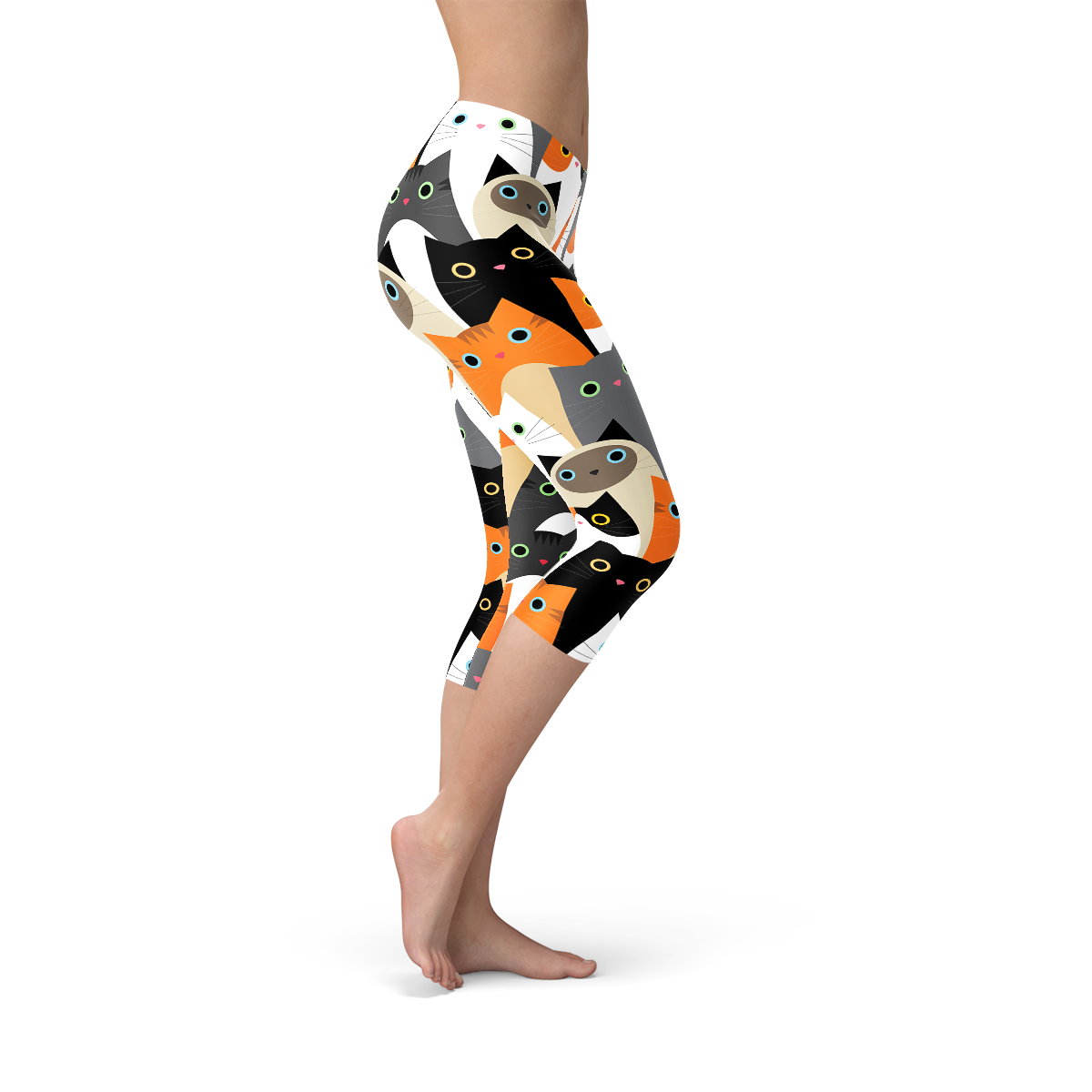 Legging capri à imprimé chats, vue de profil, coupe mi-mollet
