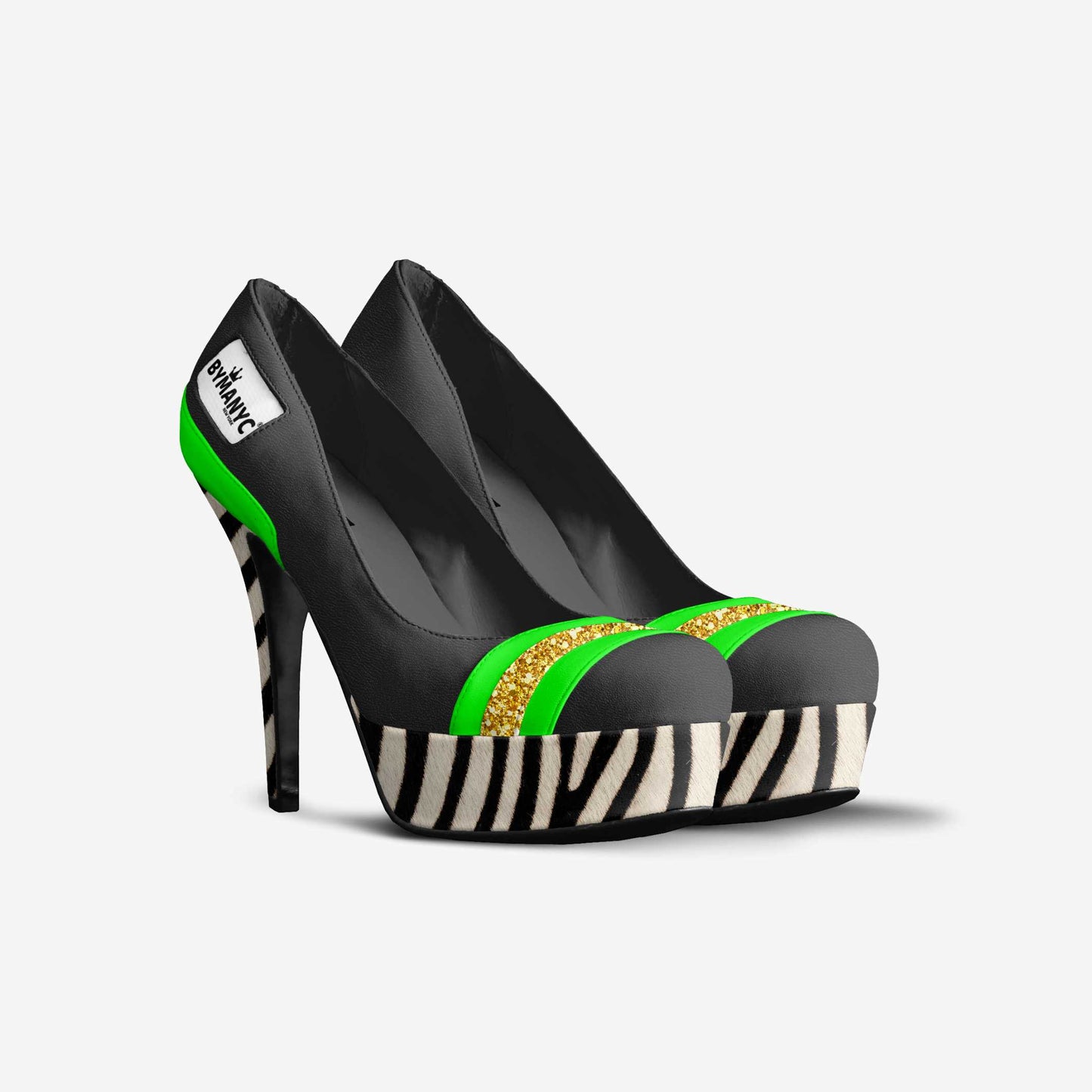 Chaussure à talon noire: lanière verte et paillette dorée sur plateforme zébrée.