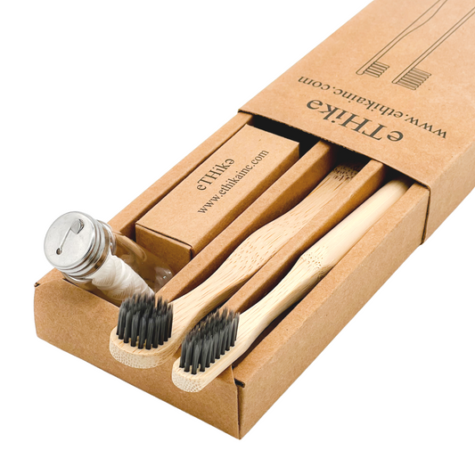 Coffret hygiène buccale bambou : brosses et flacon verre, dans boîte carton