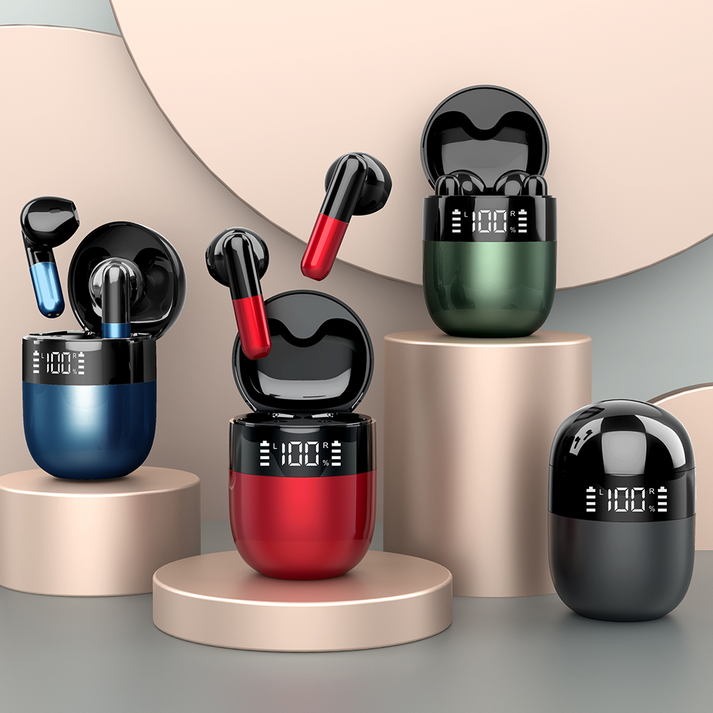 Écouteurs TWS sport Hemys avec boîtier de charge, coloris bleu, rouge et noir