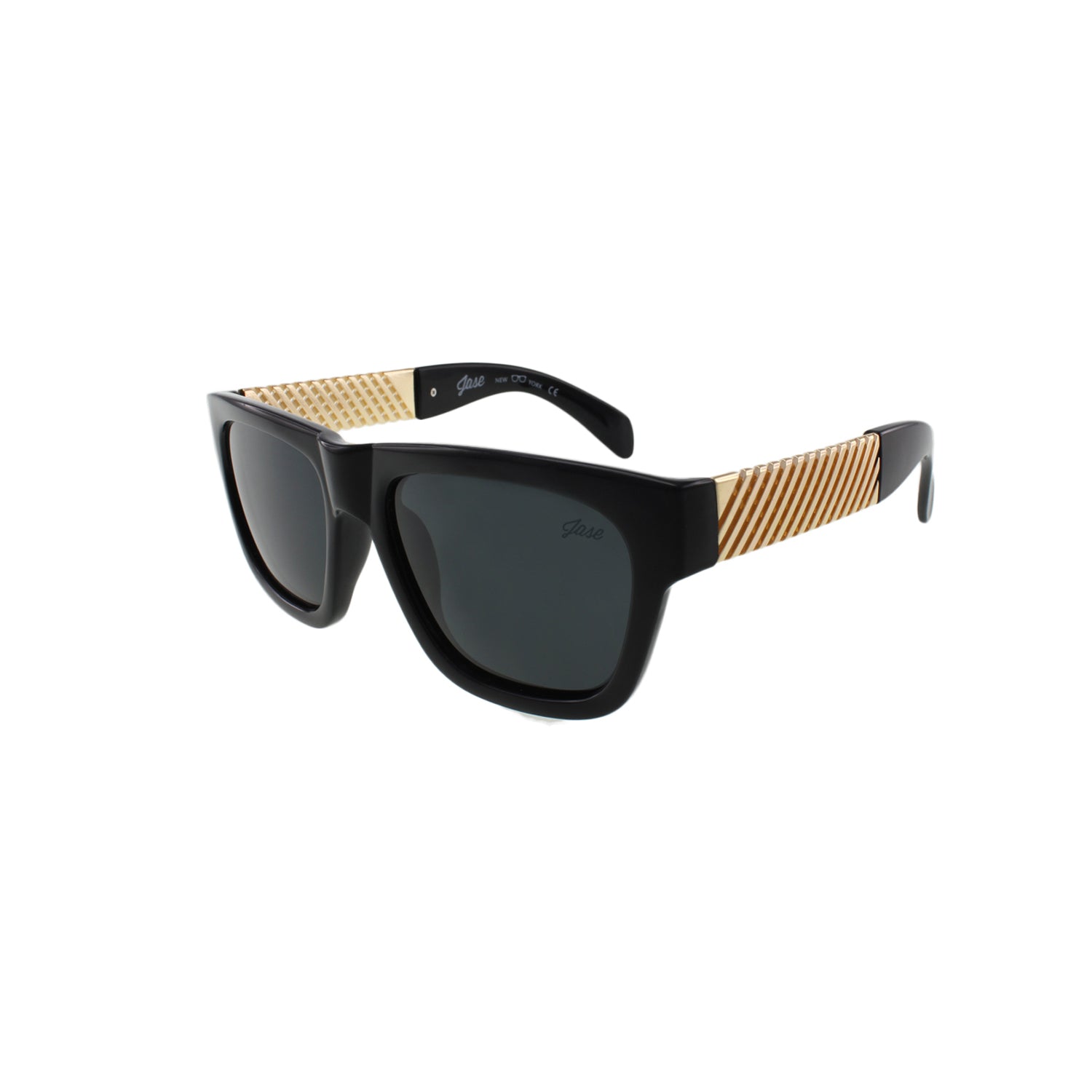 Lunettes de soleil Jase Royce noires brillantes, branches dorées, verres gris foncé