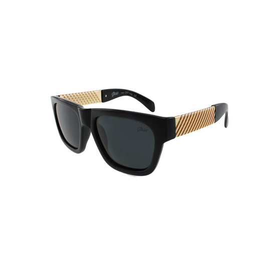 Lunettes de soleil Jase Royce noires brillantes, branches dorées, verres gris foncé