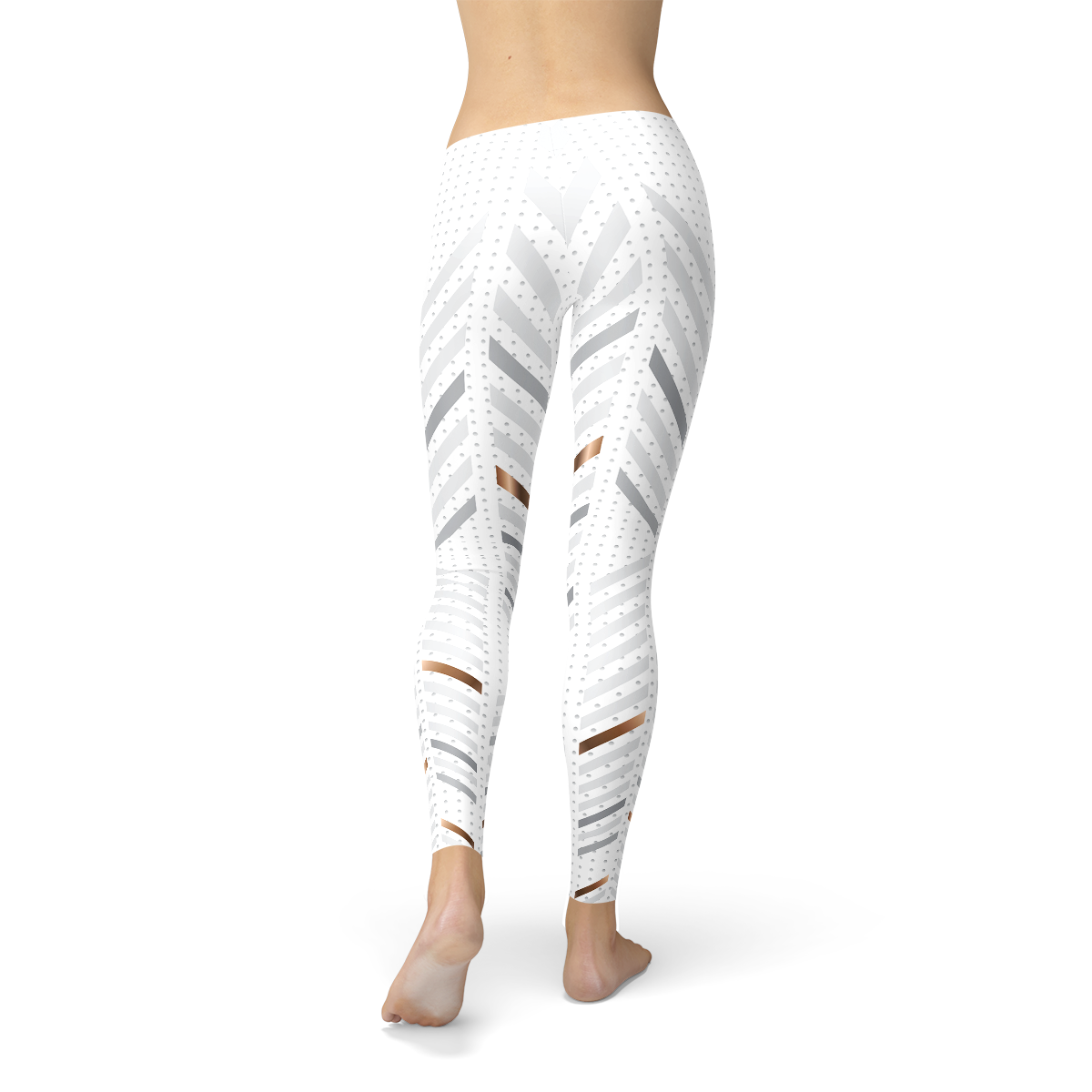 Leggings blancs à rayures chevrons gris, longueur cheville