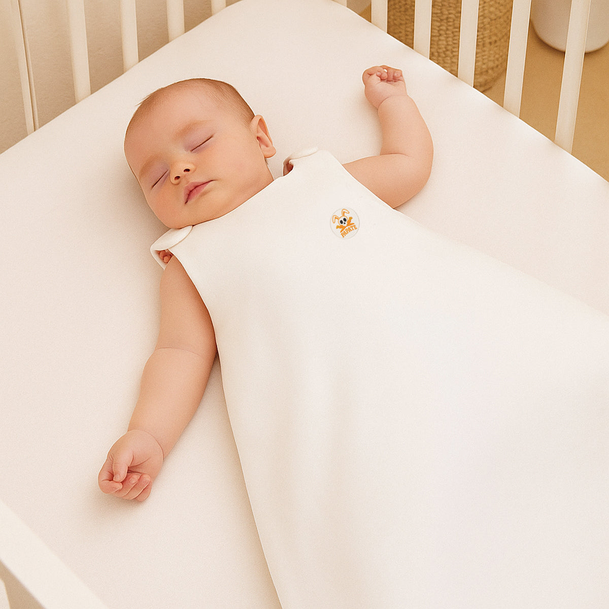 Gigoteuse bébé blanche sans rembourrage, porté par un nourrisson, petit écusson sur le buste.