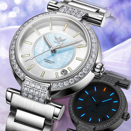 Montre femme Hemys cadran bleu pâle, lunette sertie, bracelet acier; cadran noir LED.