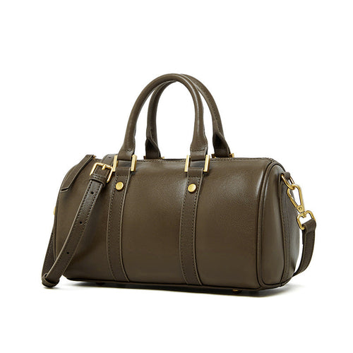 Sac bandoulière en cuir vert olive avec poignées, bandoulière et chaîne dorée