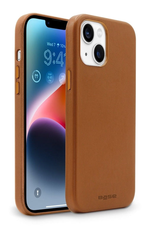 Coque iPhone 14 cuir végan marron, protection complète et disque MagSafe