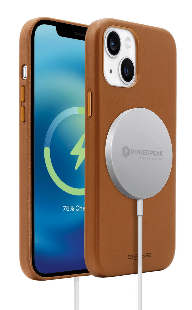Coque iPhone 14 cuir végan marron, disque MagSafe à l’arrière et fenêtre caméra