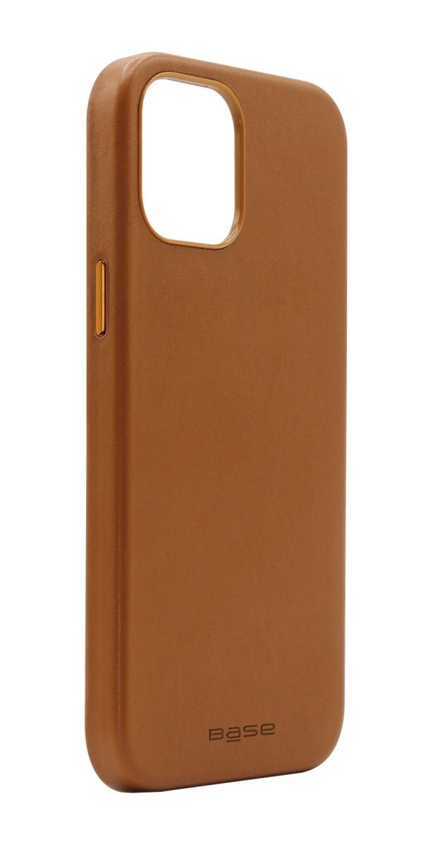 Coque iPhone 14 en cuir végan marron, découpe caméra et bouton latéral
