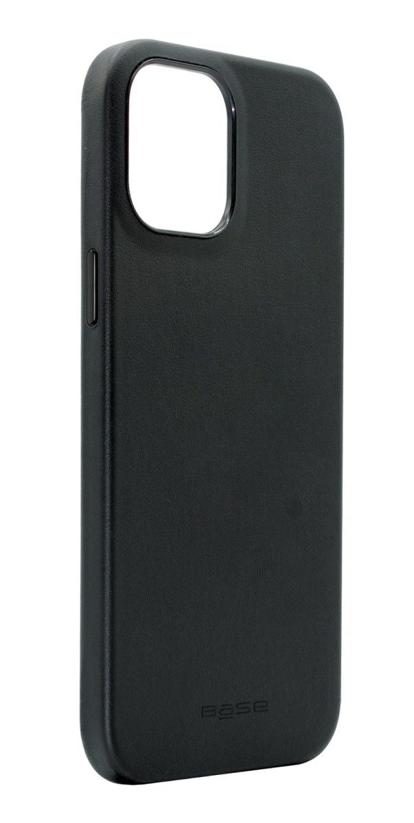 Coque iPhone 14 en cuir végan noir, accès caméra et contours découpés