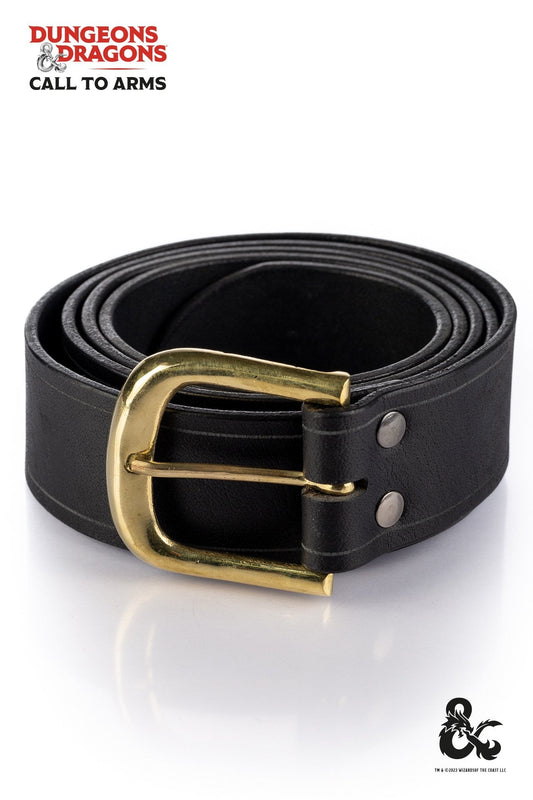 Ceinture en cuir noire avec boucle dorée, passants et extrémité à trous