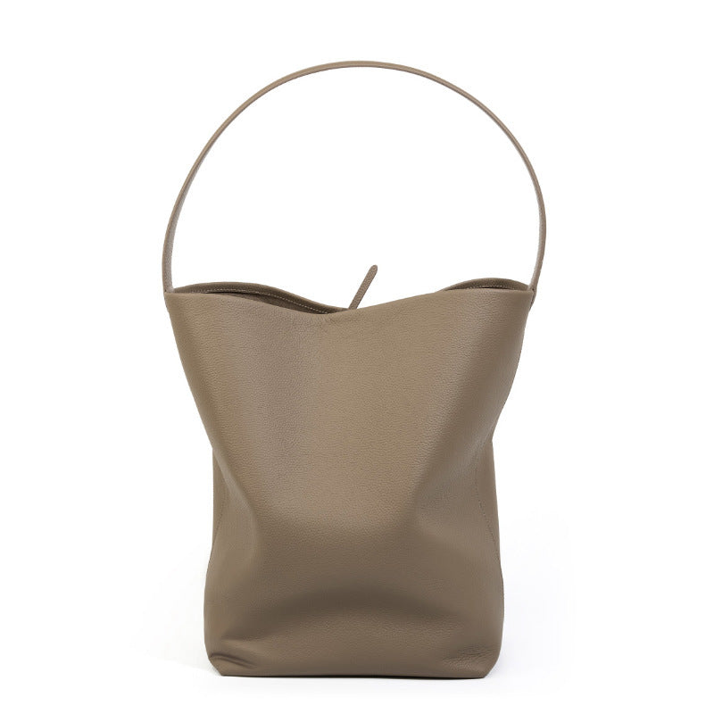 Sac seau en cuir Ideluxe™ beige, grande contenance, anses hautes, cordon à l’ouverture