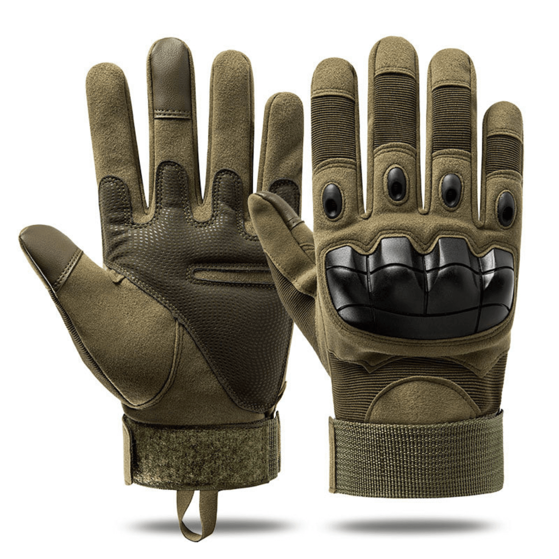 Paire de gants tactiques kaki et noirs, deux vues avec doigts et paume détaillés.