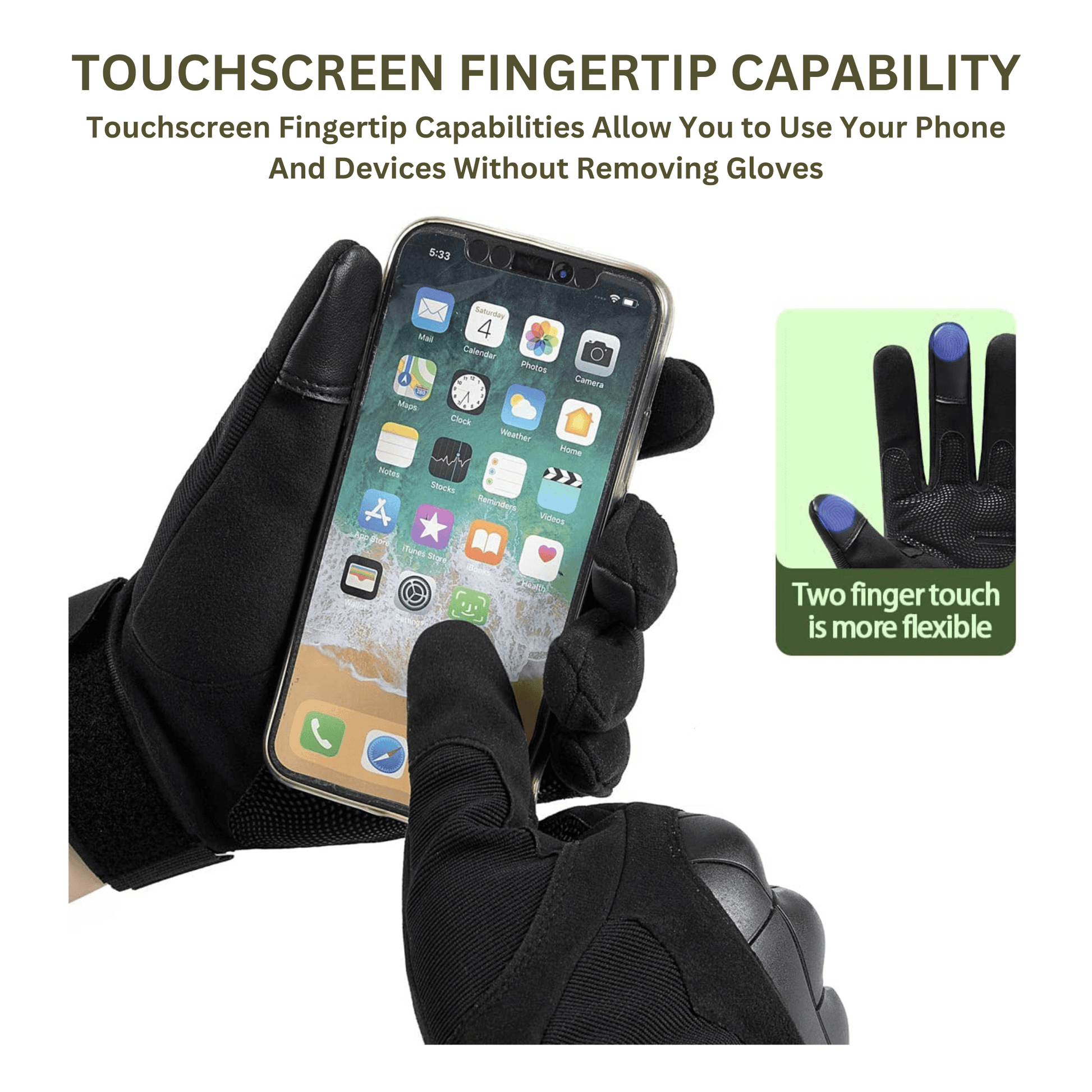 Gant tactique noir, accès écran tactile sur l’index pour smartphone