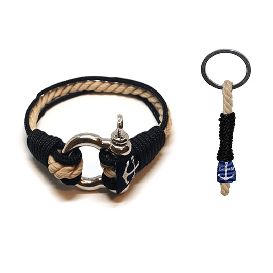 Bracelet nautique en corde noire avec fermoir métal argenté et porte-clés cordon bleu