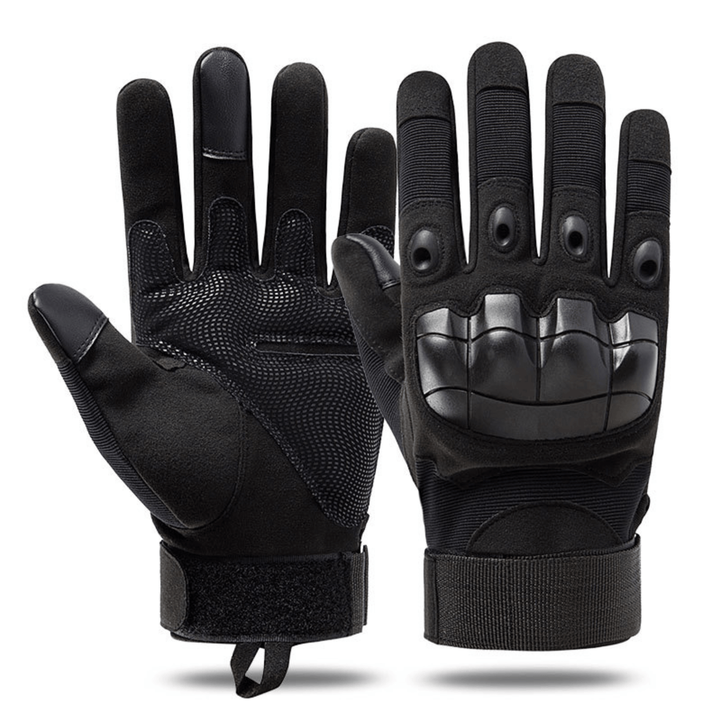 Gants tactiques noirs avec coques de protection sur le dessus et poignets en textile