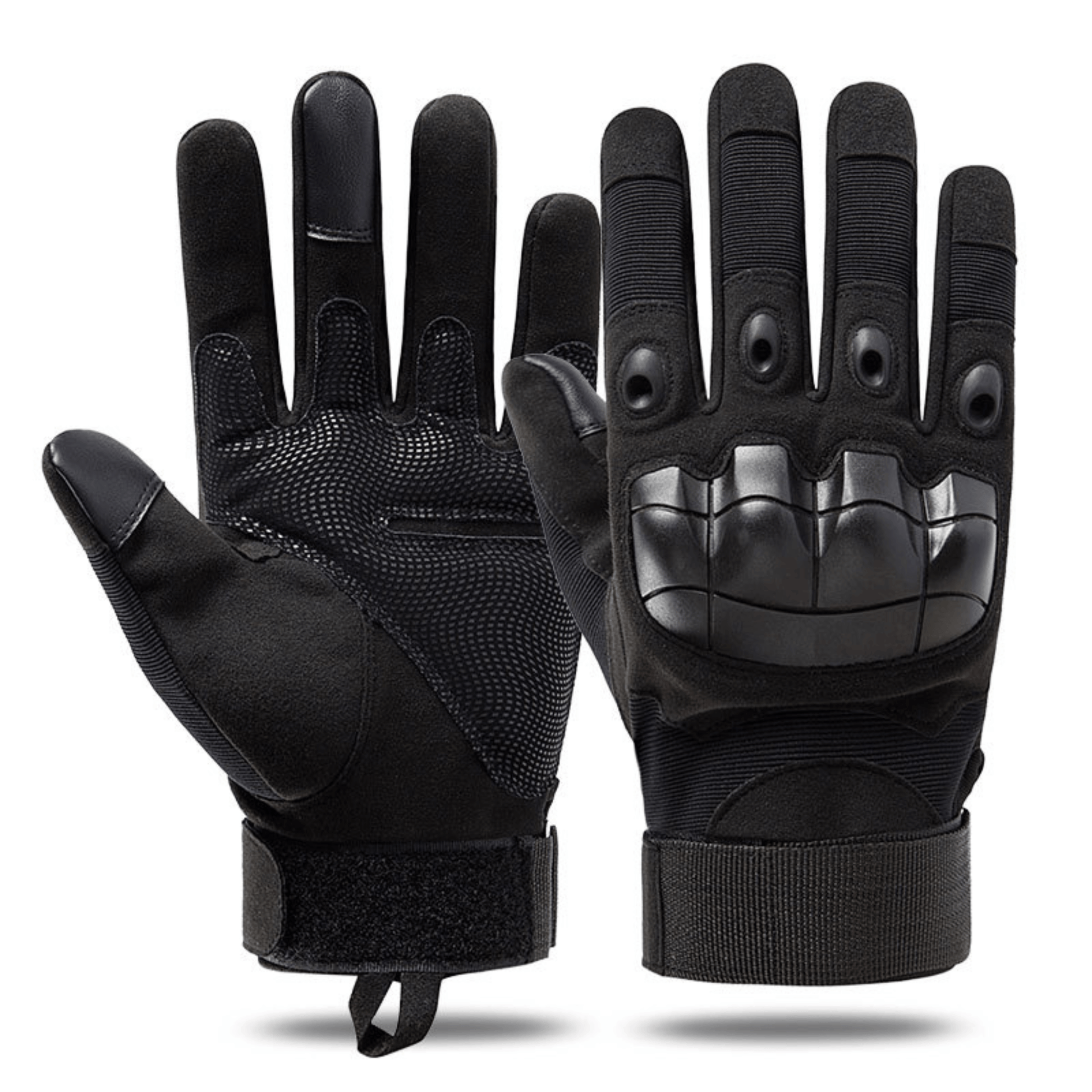 Gants tactiques noirs avec coques de protection sur le dessus et poignets en textile