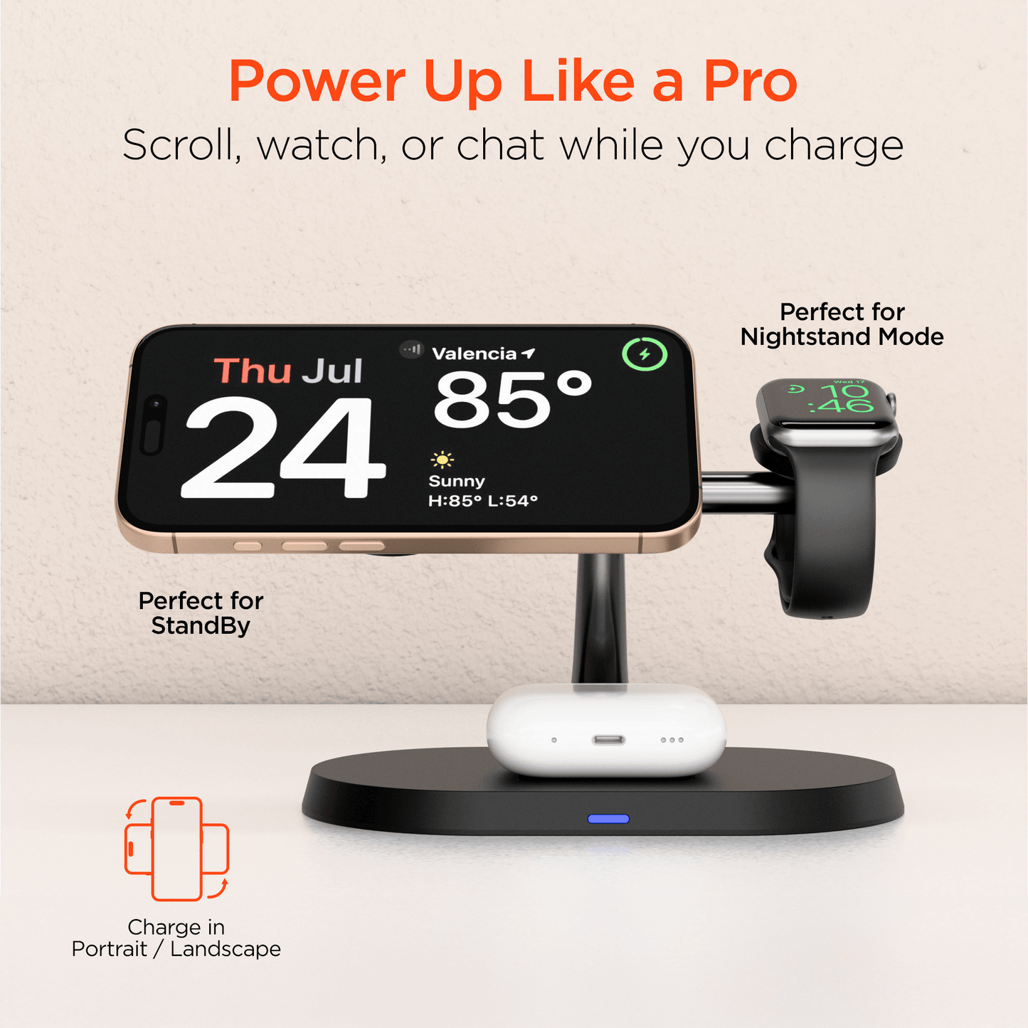Station de charge 3-en-1 noire avec écran iPhone, support Apple Watch et AirPods
