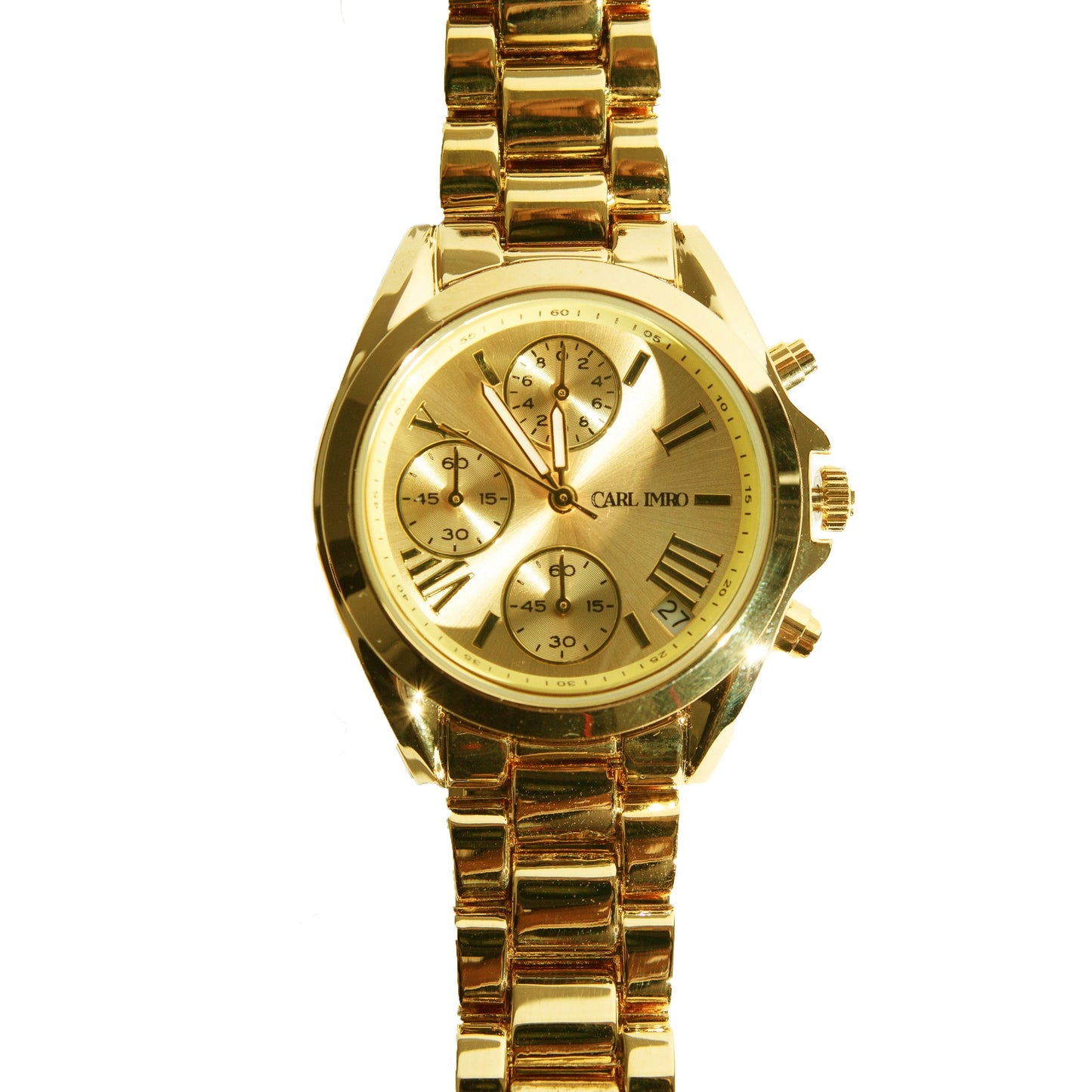 Montre femme cadran doré avec sous-cadrans et bracelet maillons dorés, vue frontale.