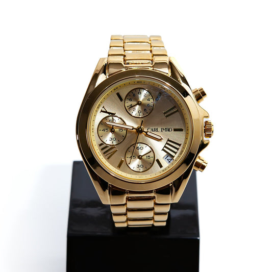 Montre femme à bracelet en acier doré, cadran doré à trois compteurs