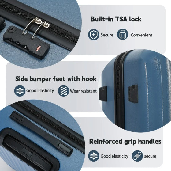 Valise rigide bleue : serrure TSA intégrée, pieds pare-chocs latéraux, poignées renforcées