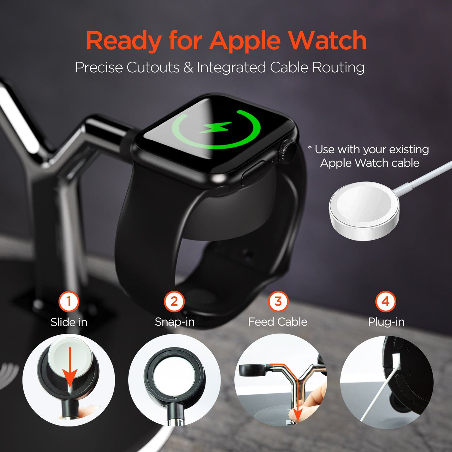 Support de montre noire avec berceau carré et câble intégré, sur base ronde.