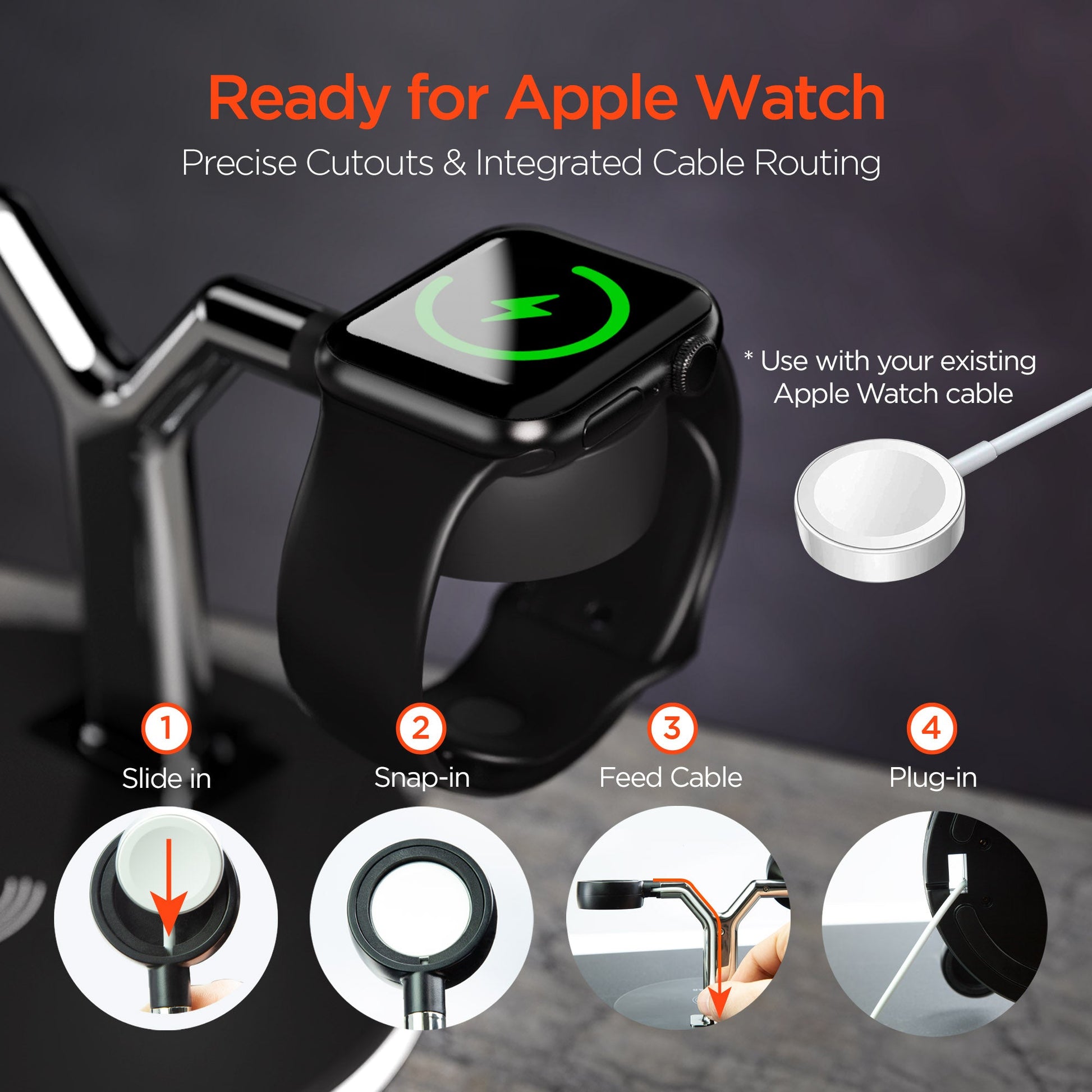 Support de montre noire avec berceau carré et câble intégré, sur base ronde.