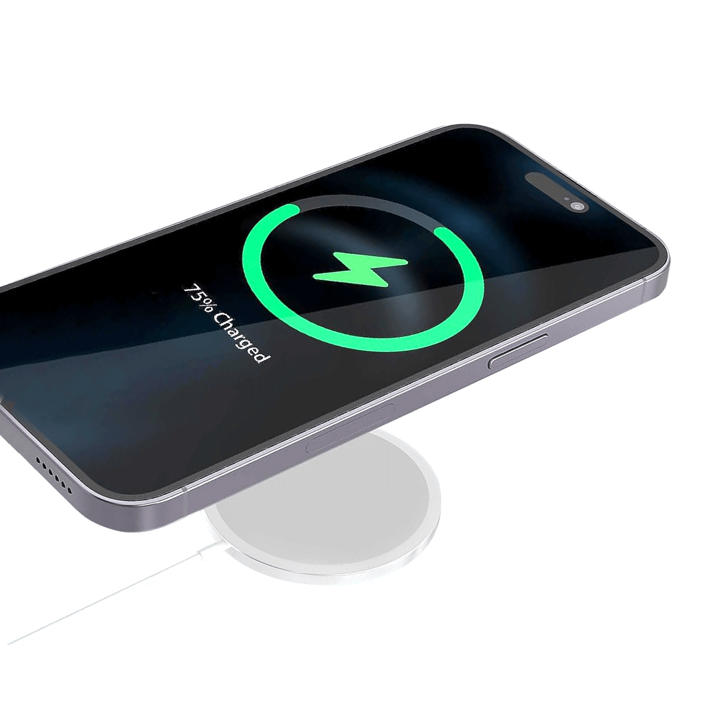 Chargeur sans fil MagSafe sur smartphone, témoin de charge vert
