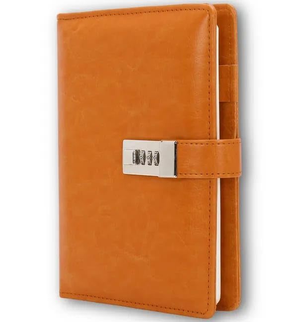 Carnet A5 en cuir PU orange avec serrure à combinaison et attache