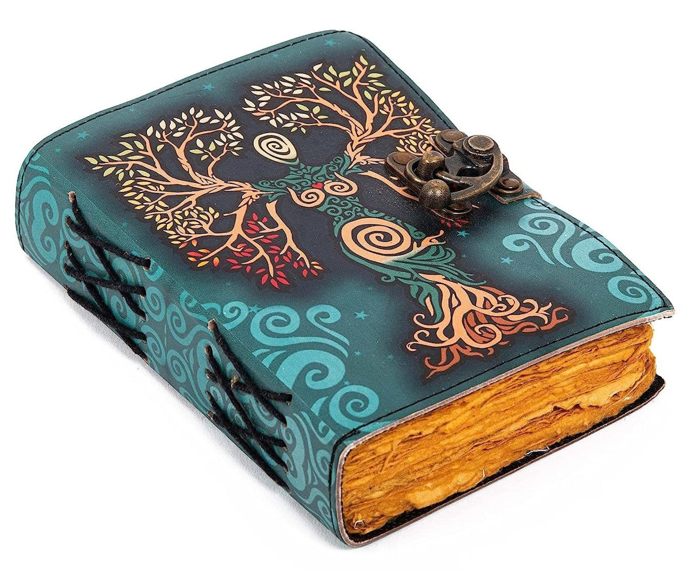 Carnet journal en cuir vintage bleu canard, couverture décorée dorée, fermoir en bronze