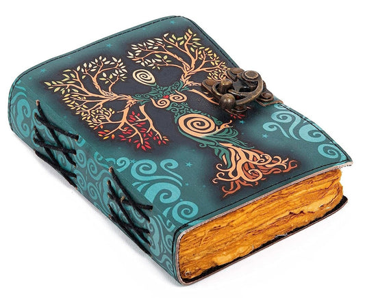 Carnet journal en cuir vintage bleu canard, couverture décorée dorée, fermoir en bronze
