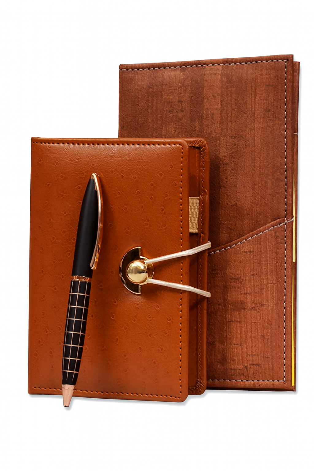 Coffret de journaux en cuir brun avec stylo et fermeture vintage, lot de 2