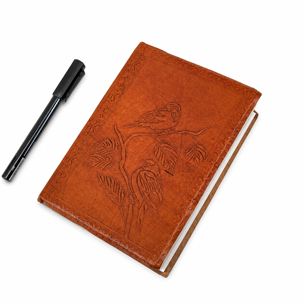 Carnet en cuir brun-rouge avec motif oiseau embossé en relief