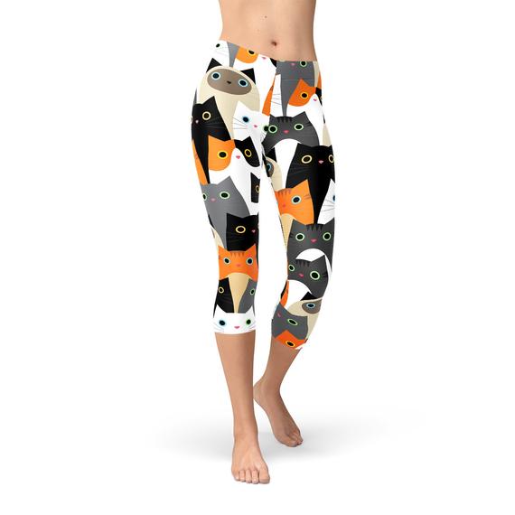 Legging capri femme imprimé chats : têtes orange, noir, blanc